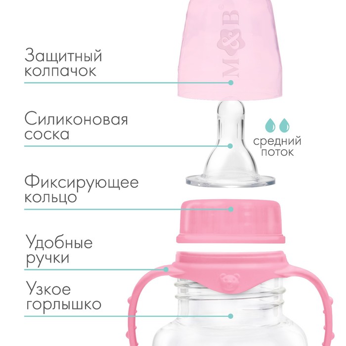 Бутылочка для кормления детская приталенная, с ручками, 250 мл, от 0 мес., цвет розовый МИКС