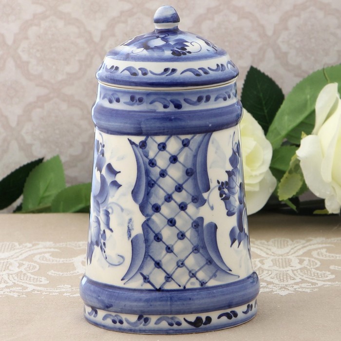 Кружка с крышкой "Осётр", гжель, кобальт