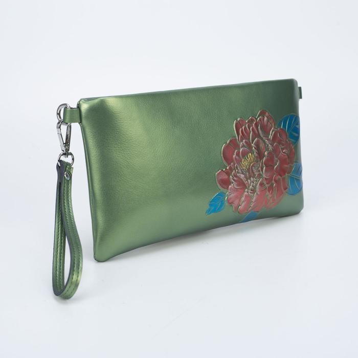 Клатч женский, отдел, наружный карман, с ручкой, длинный ремень, цвет зелёный