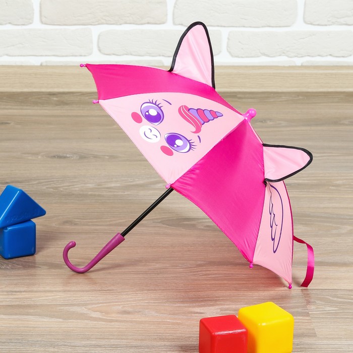 Зонт детский механический "Единорог ", с ушками, r=26см, цвет розовый/малиновый