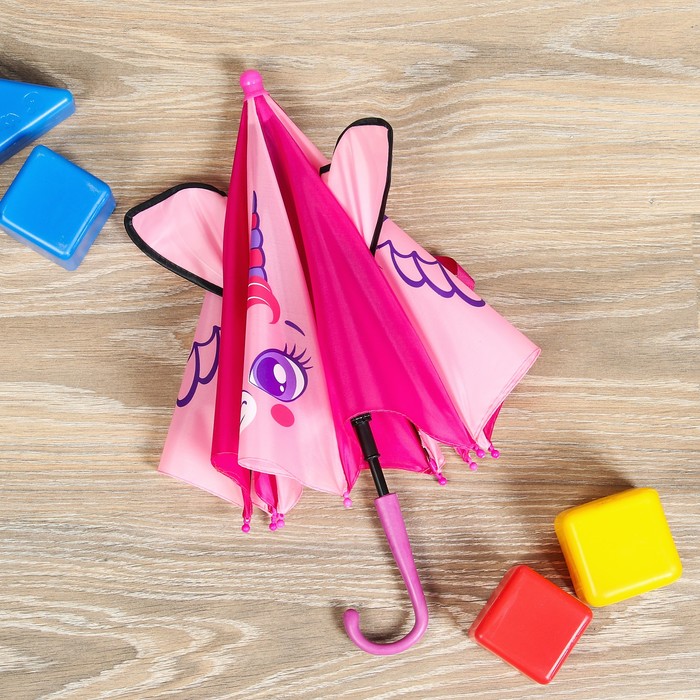 Зонт детский механический "Единорог ", с ушками, r=26см, цвет розовый/малиновый