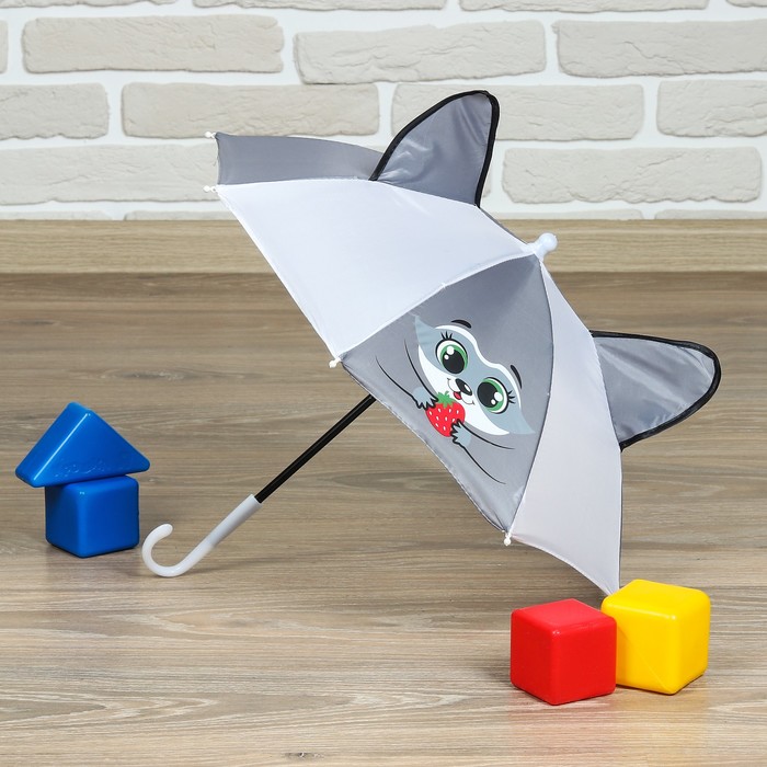 Зонт детский механический "Енотик", r=26см, цвет белый/серый