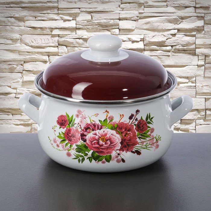 Кастрюля 2 л "Пионы", 16 см, эмалированная крышка