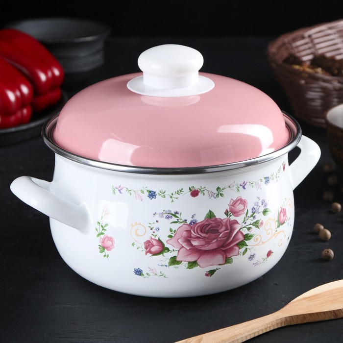 Кастрюля 2 л "Розовый букет", 16 см, эмалированная крышка