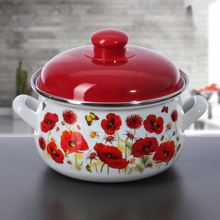 Кастрюля 2 л "Маки", 16 см, эмалированная крышка