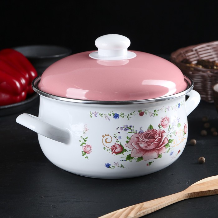 Кастрюля 3 л "Розовый букет", 18 см, эмалированная крышка