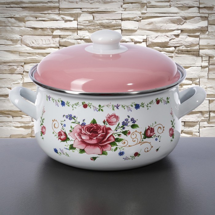 Кастрюля 4 л "Розовый букет", 20 см, эмалированная крышка