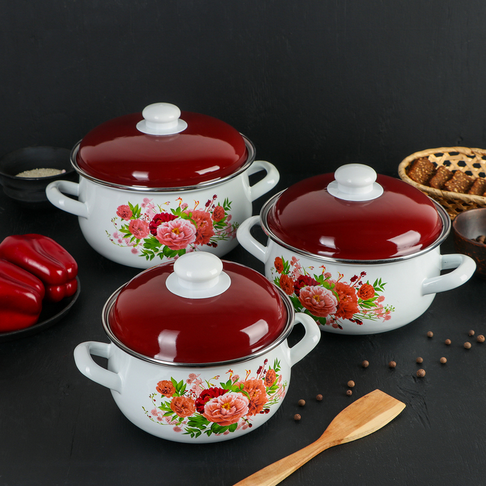 Набор кастрюль "Пионы", 3 предмета: 2 л, 3 л, 4 л, эмалированная крышка