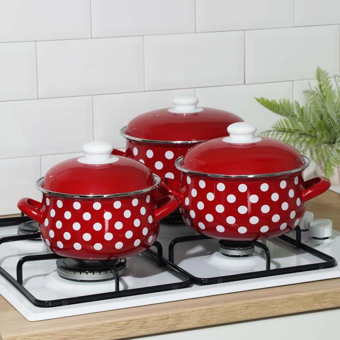 Набор кастрюля "Горошек", 3 предмета: 2 л, 3 л, 4 л, эмалированная крышка
