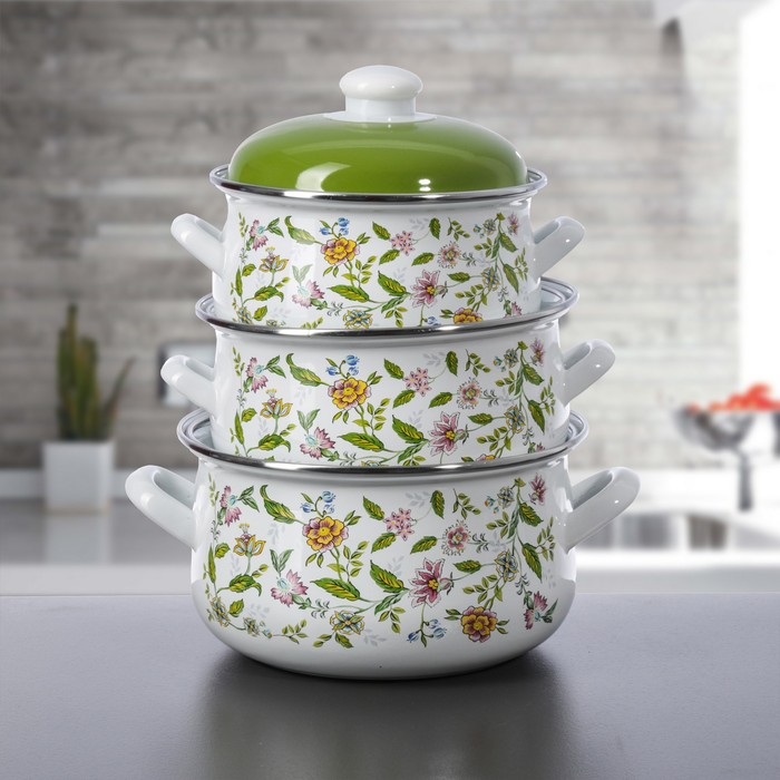 Набор кастрюль "Полевые цветы", 3 предмета: 2 л, 3 л, 4 л, эмалированные крышки