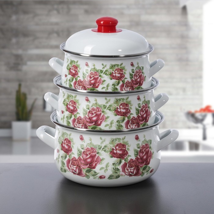 Набор кастрюль "Роза", 3 предмета: 2 л, 3 л, 4 л, эмалированная крышка