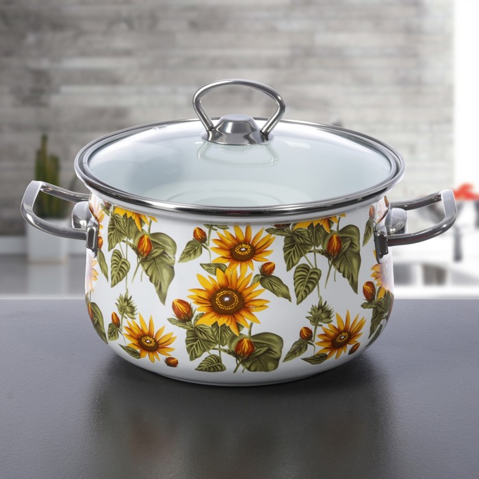 Кастрюля 3 л "Подсолнухи", 18 см, стеклянная крышка