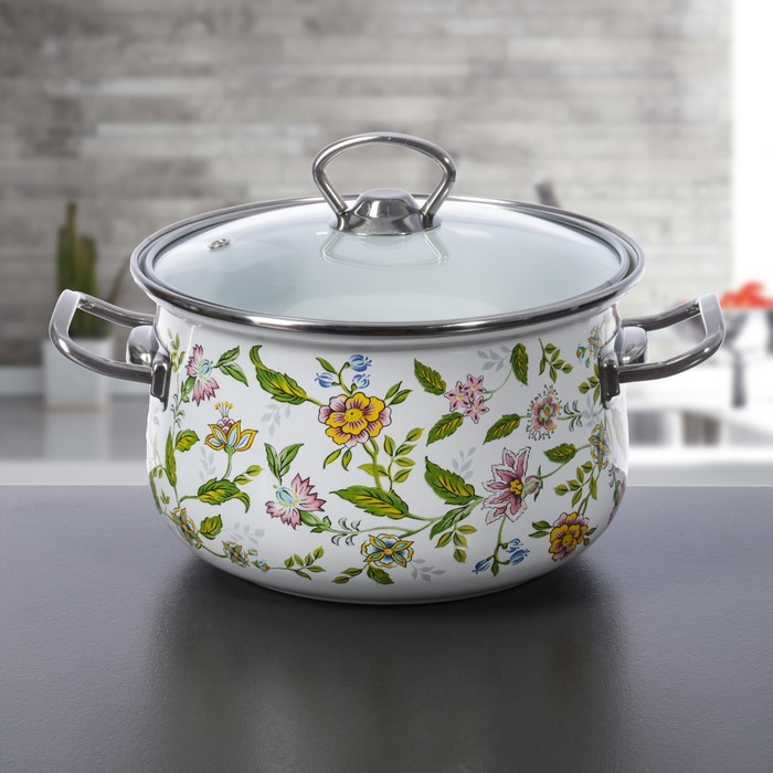 Кастрюля 3 л "Полевые цветы", 18 см, стеклянная крышка
