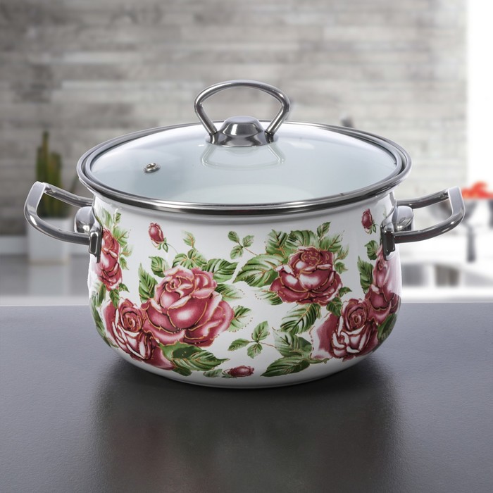 Кастрюля 3 л "Роза", 18 см, стеклянная крышка