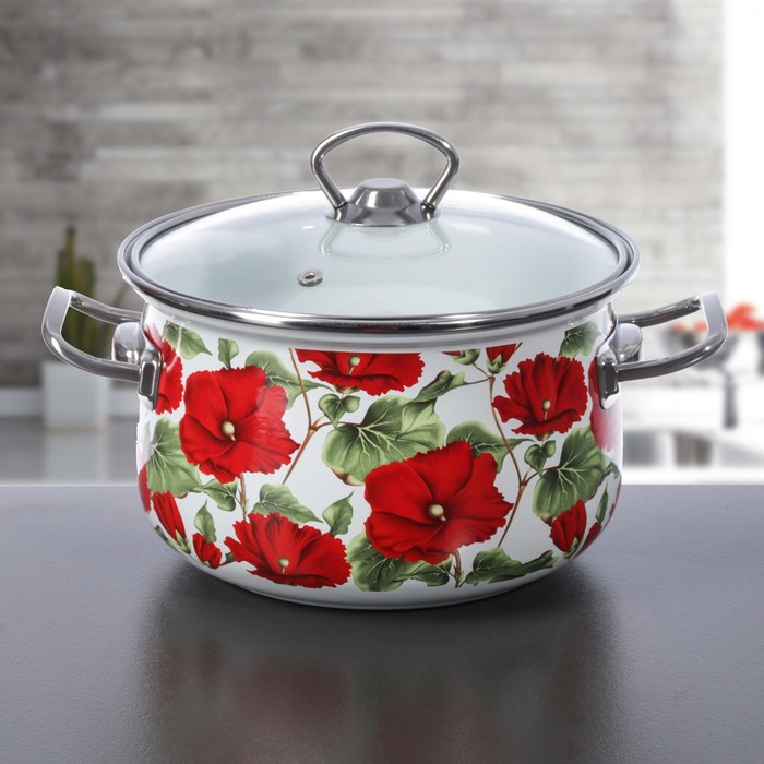 Кастрюля 3 л "Маки", 18 см, стеклянная крышка