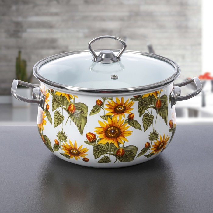 Кастрюля 4 л "Подсолнухи", 20 см, стеклянная крышка