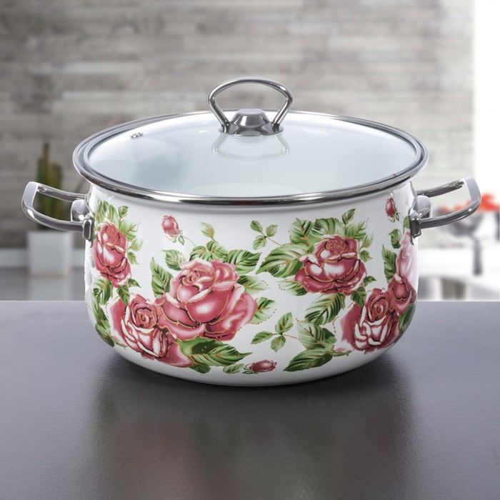 Кастрюля 5 л "Роза", 22 см, стеклянная крышка
