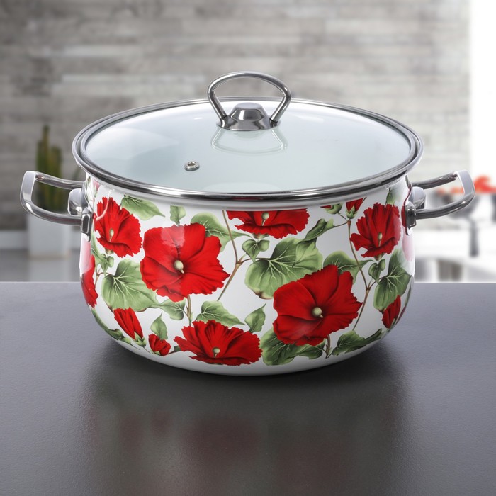 Кастрюля 5 л "Маки", 22 см, стеклянная крышка