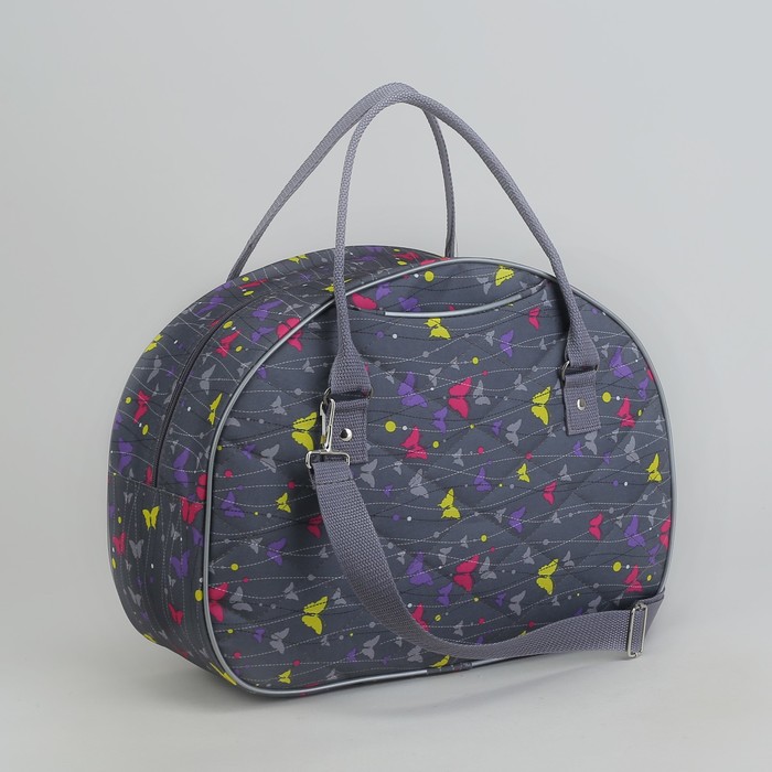 Саквояж «Бабочки», отдел на молнии, наружный карман, длинный ремень, цвет серый/разноцветный