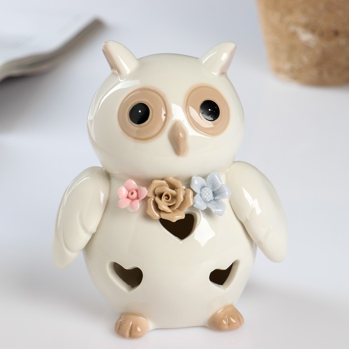 Сувенир керамика световой "Сова с цветочным ожерельем" 12,5х9х10,5 см