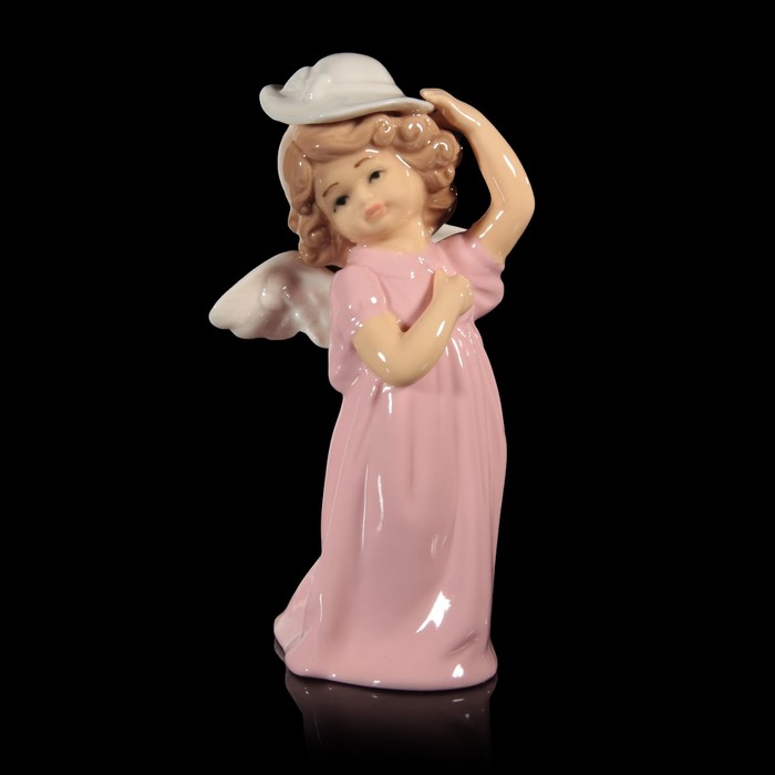 Сувенир керамика "Ангел-девочка в розовом платье и в белой шляпке" 14х7,5х5 см