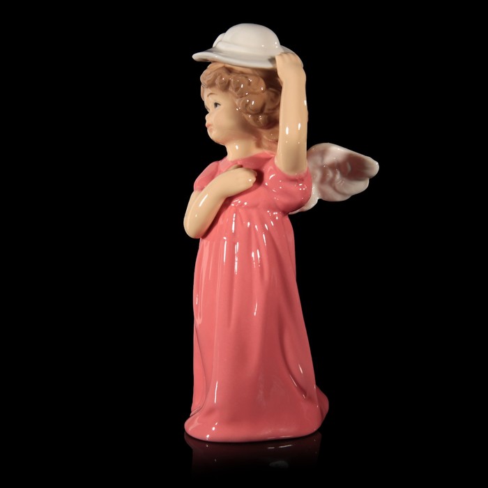Сувенир керамика "Ангел-девочка в коралловом платье и в белой шляпке" 14х7,5х5 см