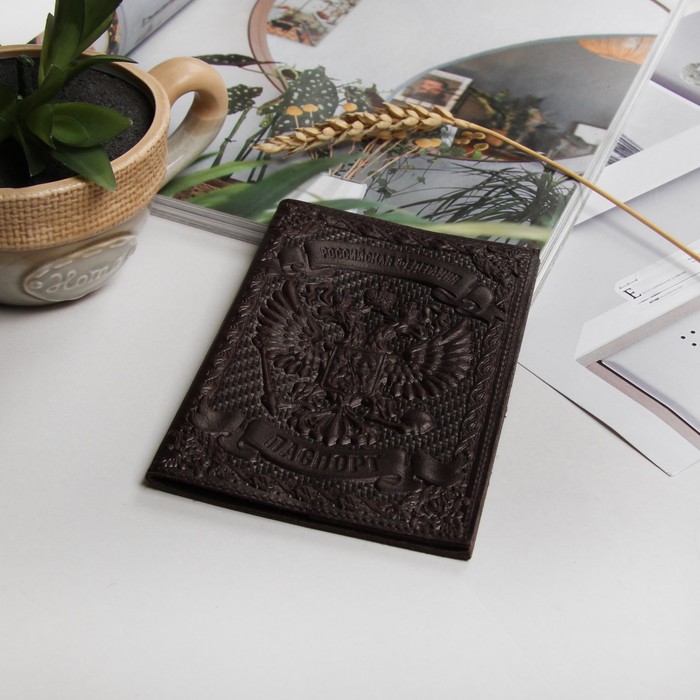 Обложка для паспорта, 3D тиснение, герб, цвет коричневый