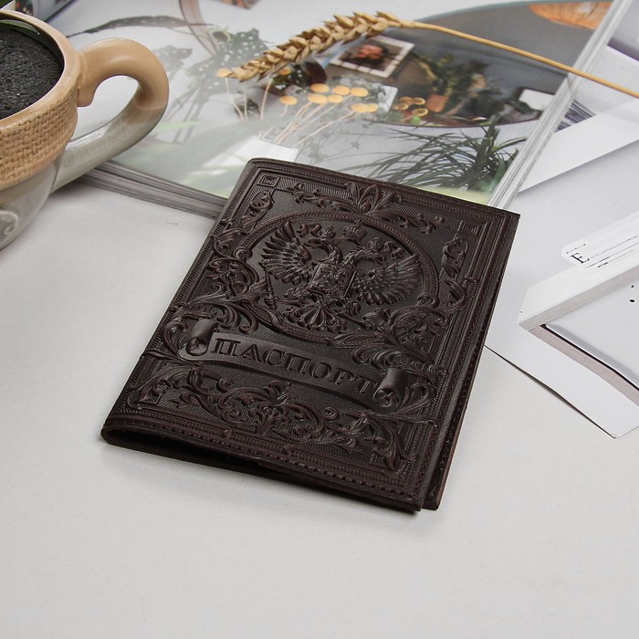 Обложка для паспорта, 3D тиснение, герб, цвет коричневый