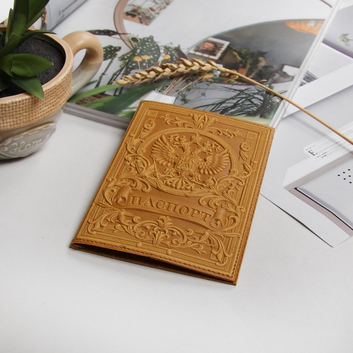 Обложка для паспорта, 3D тиснение, герб, цвет рыжий