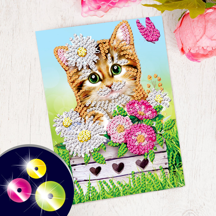 Мозаика пайетками "Кошечка" + 6 пакетов пайеток