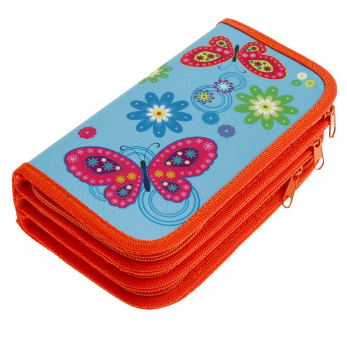 Пенал 3 секции 105х190 мм, ткань "Бабочки на голубом"