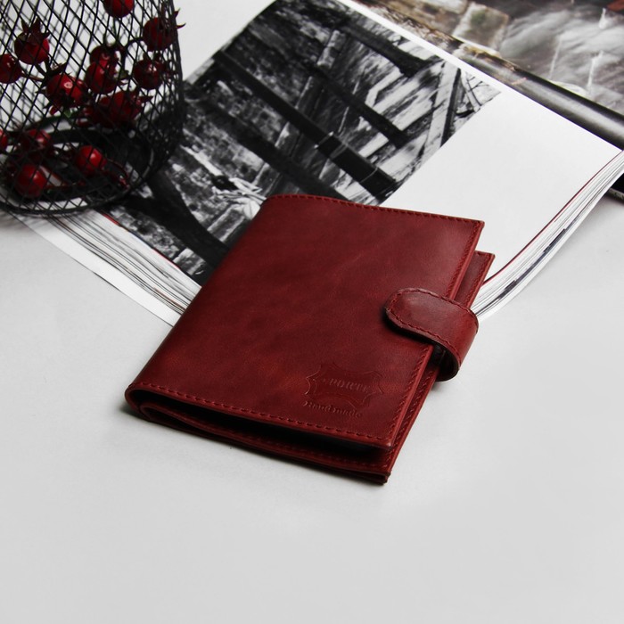 Обложка для автодокументов и паспорта, с хлястиком, пулап, цвет гранатовый