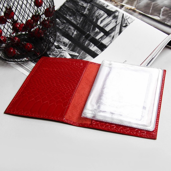 Обложка для автодокументов, 10 карманов для карт, питон, цвет красный