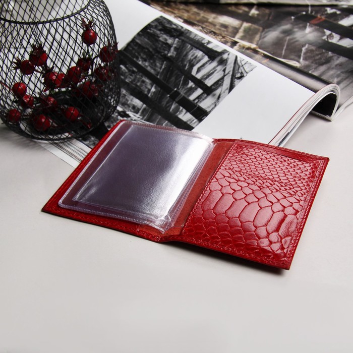 Обложка для автодокументов, 10 карманов для карт, питон, цвет красный