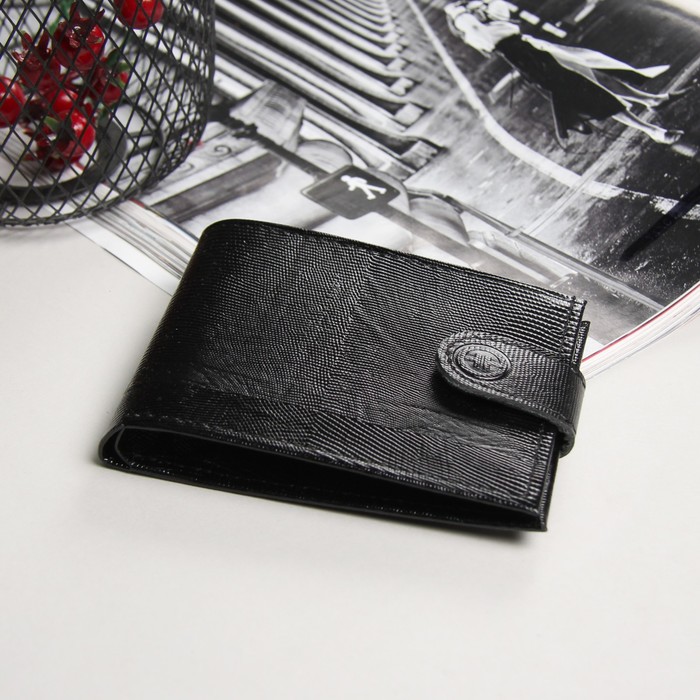 Портмоне мужское, отдел, для карт, для монет, игуана, цвет чёрный