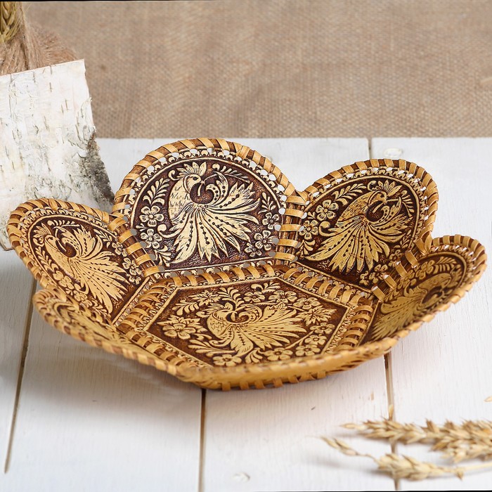 Тарелка «Жар-птица», с фестонами, 26х26х6,5 см, береста