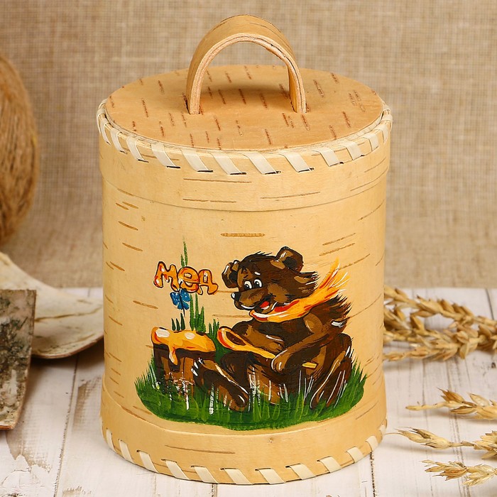 Туес для мёда «Медведь», роспись, 10×10×12/15 см, 0,65 л, береста