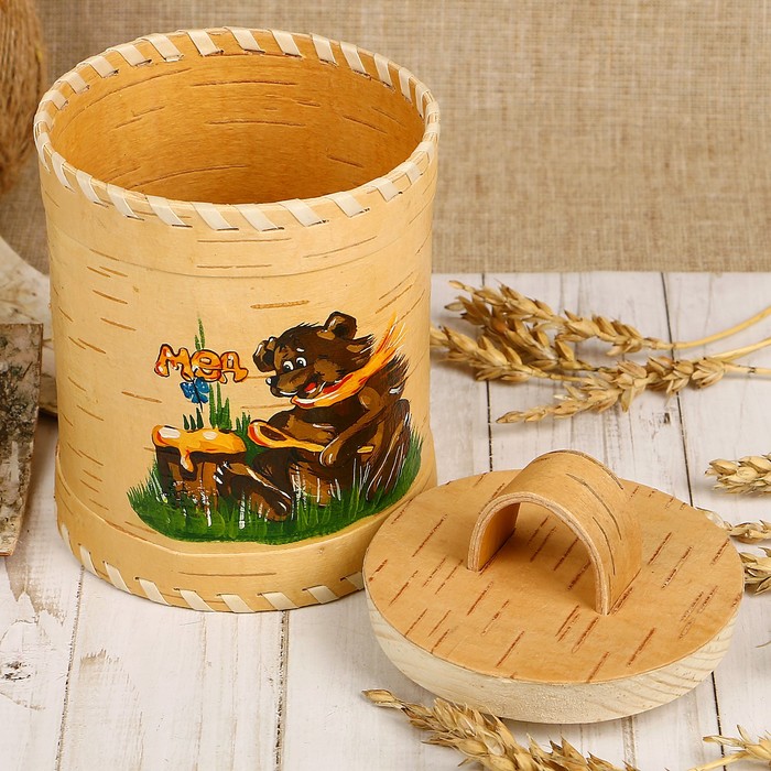 Туес для мёда «Медведь», роспись, 10×10×12/15 см, 0,65 л, береста