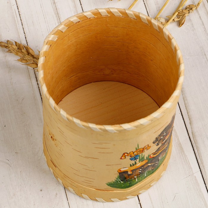Туес для мёда «Медведь», роспись, 10×10×12/15 см, 0,65 л, береста