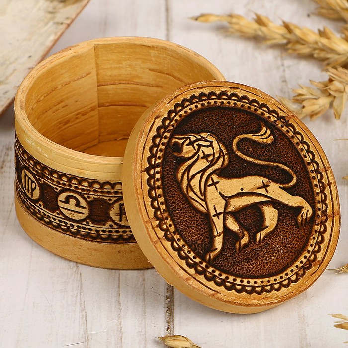 Шкатулка «Знак зодиака», лев, 6х6х3,5 см, береста