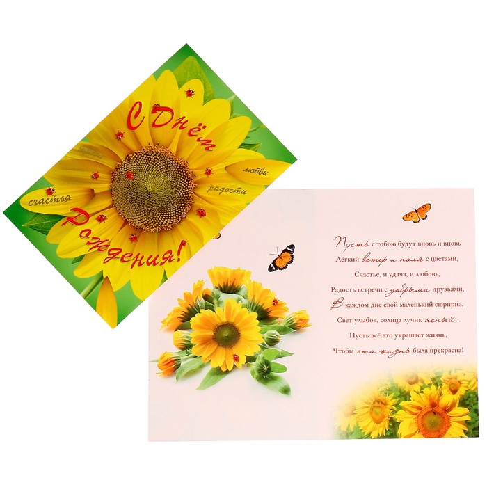 Открытка "С Днём Рождения!" подсолнух, зелёный фон