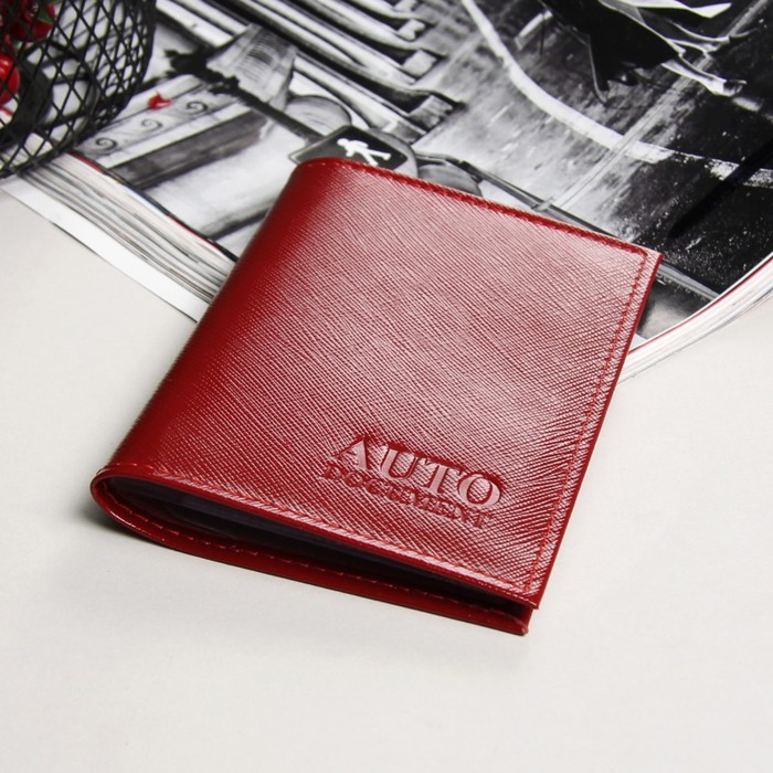 Обложка для автодокументов, 5 отд для карт, 2 отдела для sim-карт, сафьян, цвет красный