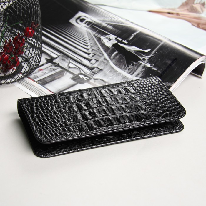 Кошелёк мужской, 2 отдела, для карт, для монет, крокодил черный