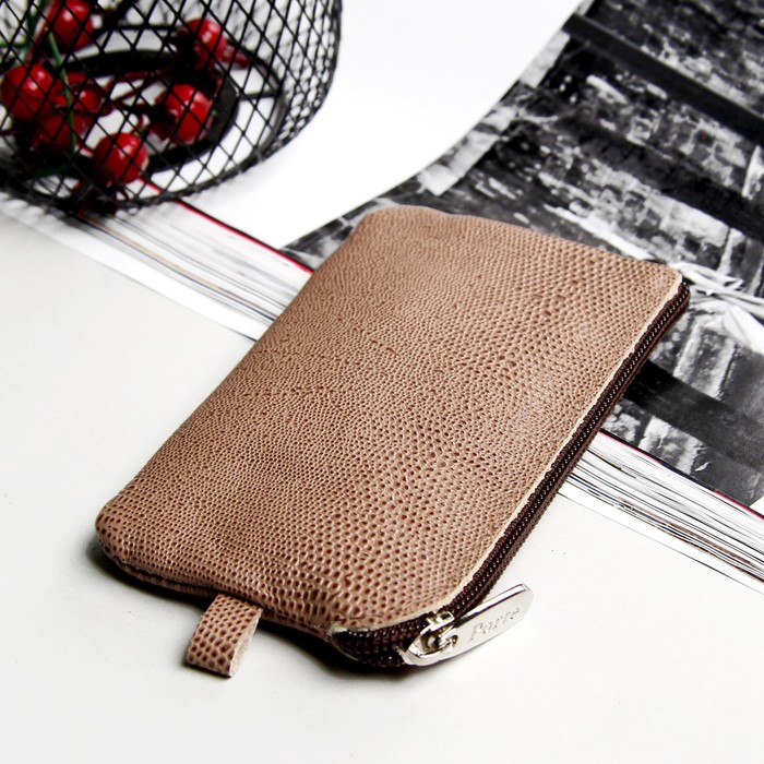 Ключница, отдел на молнии, кольцо внутри, наружный карман, ящер, цвет бежевый