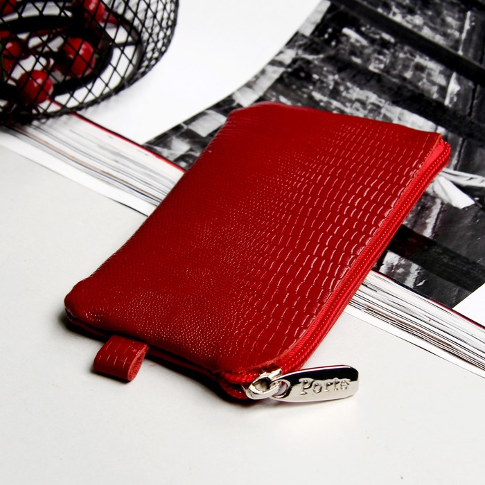Ключница, отдел на молнии, кольцо внутри, наружный карман, ящер, цвет тёмно-красный
