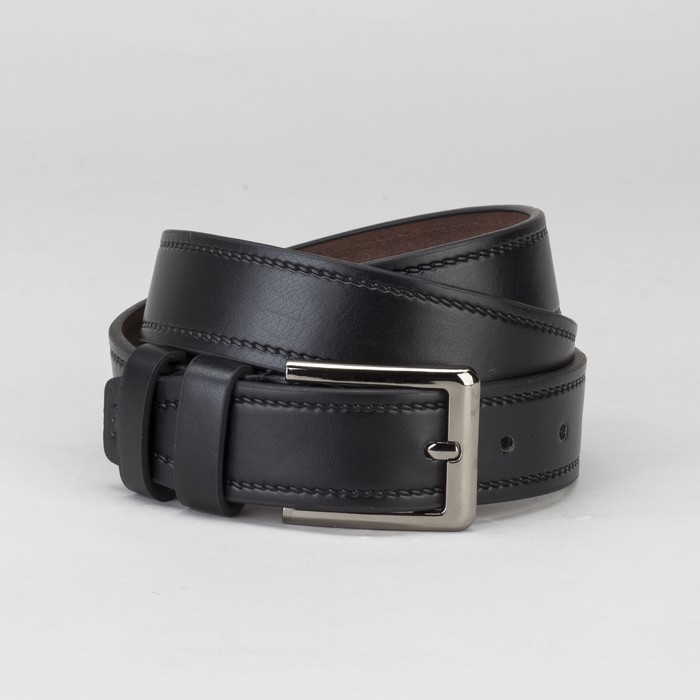 Ремень мужской, гладкий, 2 строчки, пряжка металл, ширина - 3 см, цвет чёрный