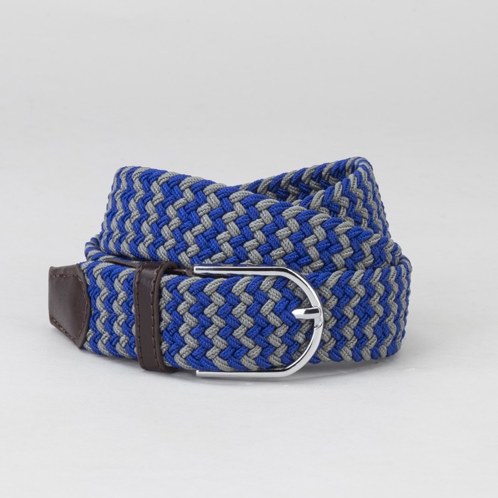 Ремень мужской, резинка плетёнка, пряжка металл, ширина - 3,5 см, цвет серый/ярко-синий
