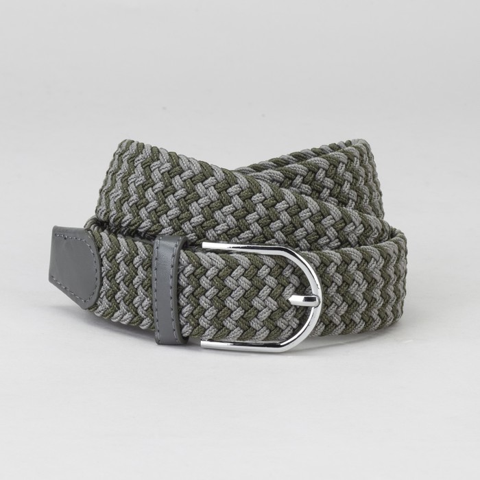 Ремень мужской, резинка плетёнка, пряжка металл, ширина - 3,5 см, цвет серый/зелёный