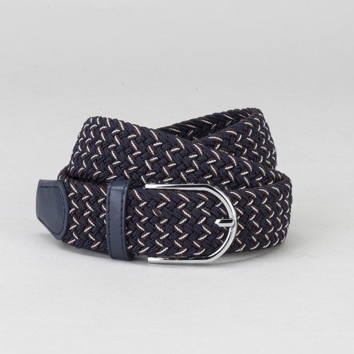 Ремень мужской, резинка плетёнка, пряжка металл, ширина - 3,5 см, цвет синий/коричневый/белый