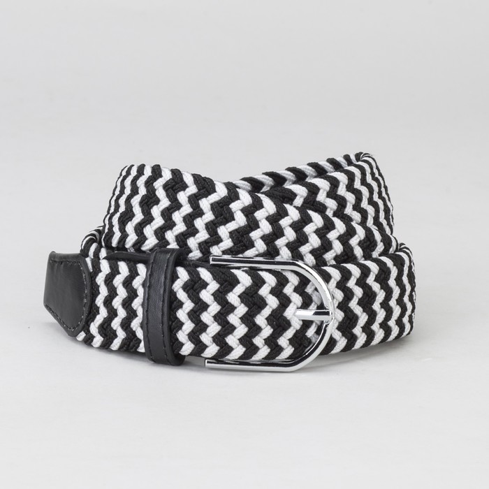 Ремень мужской, резинка плетёнка, пряжка металл, ширина - 3,5 см, цвет чёрный/белый